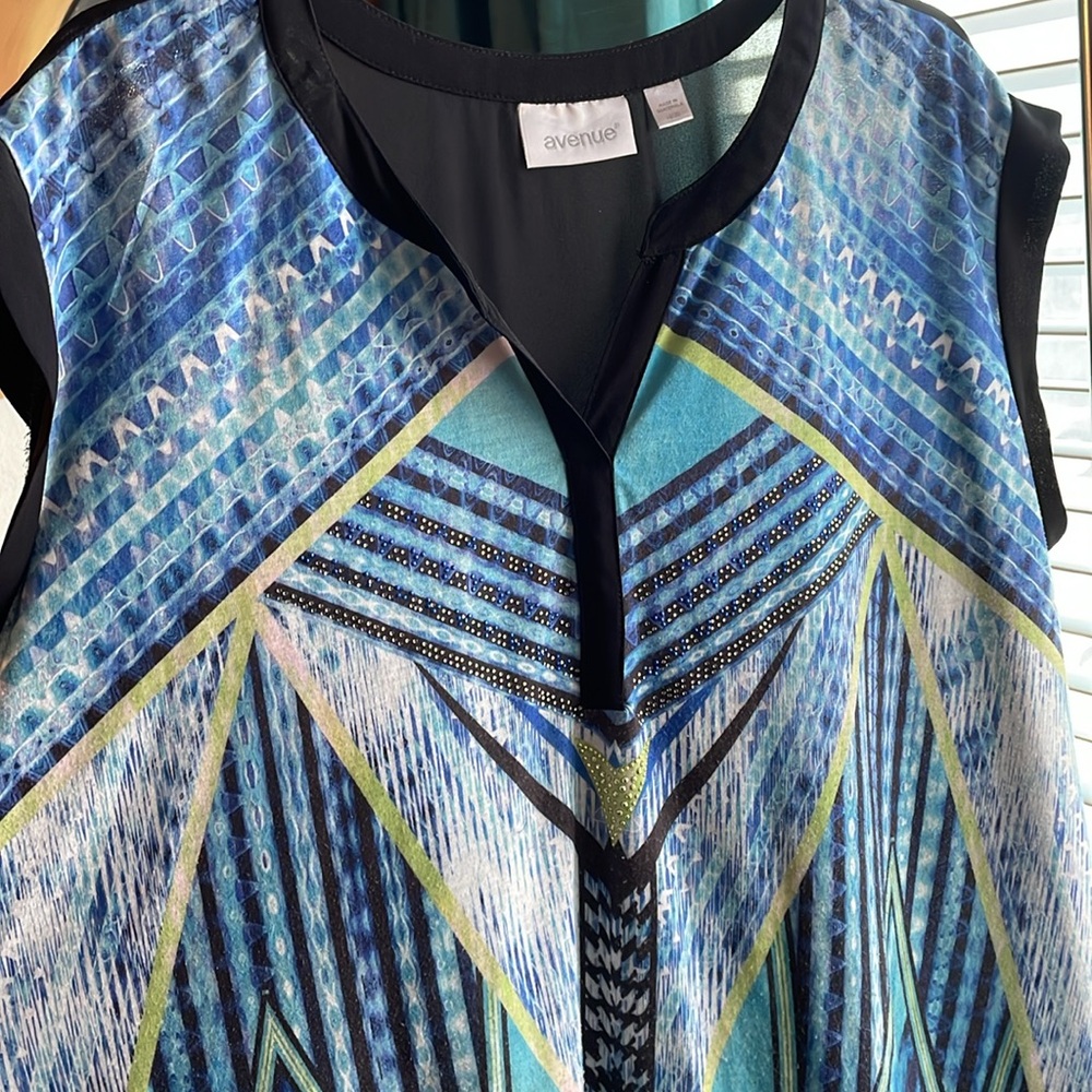 Sleeveless lightweight tunic, top, black, and blue with sparkles size 18/20